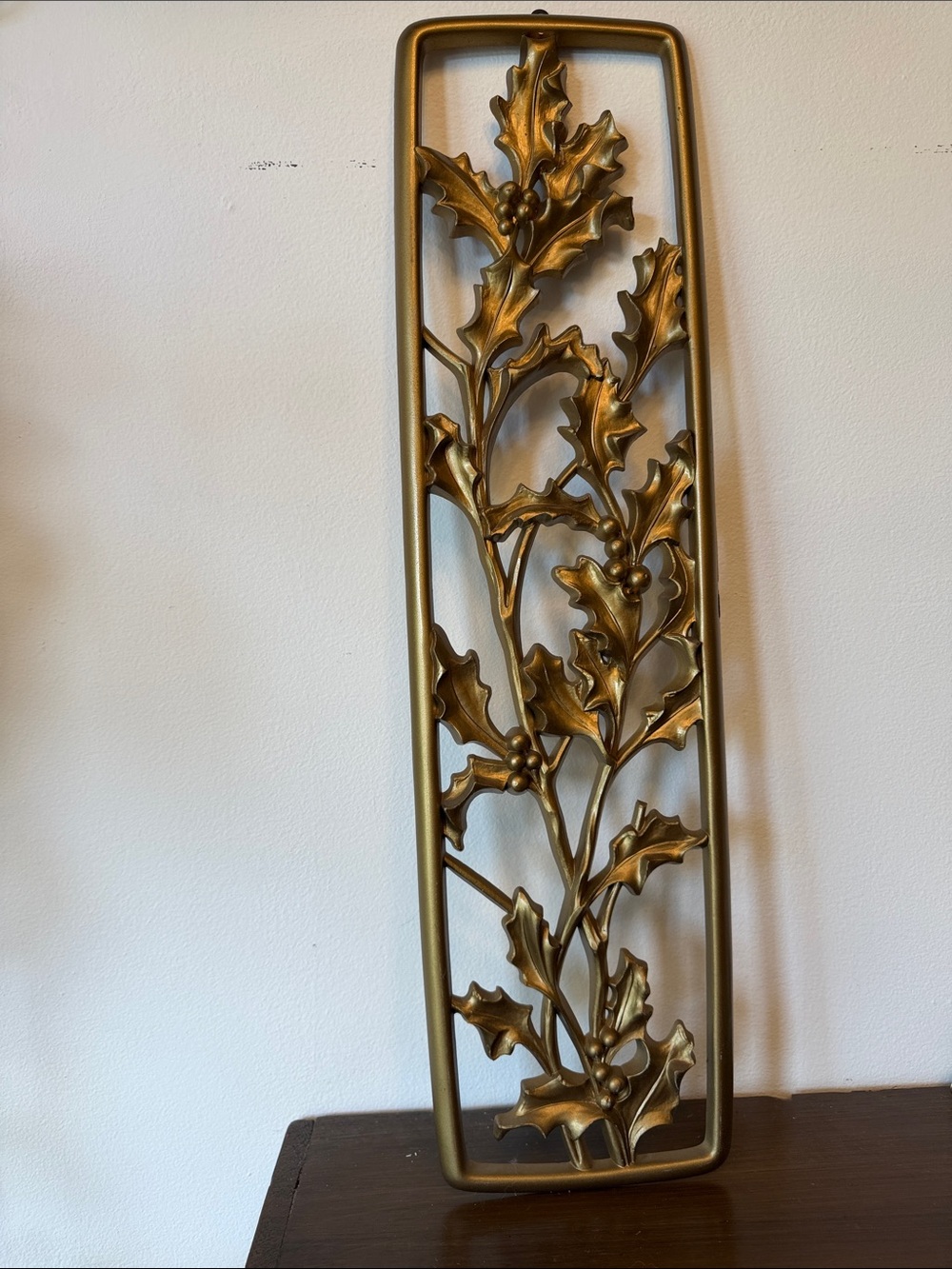 Ornate Gold Holly Branch Wall Panel - Decorative Metal-Style Wall Art